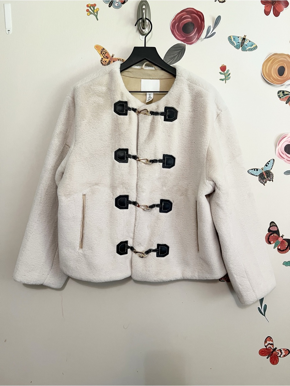 H&M Cream Teddy Toggle Jacket with Black Accents